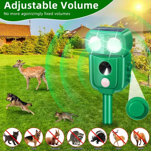 Miniatura 6 de Paquete de 4 repelentes solares ultrasónicos de animales con sonido y luz, ardilla repelente de gatos al aire libre para mapache, coyote, zorro