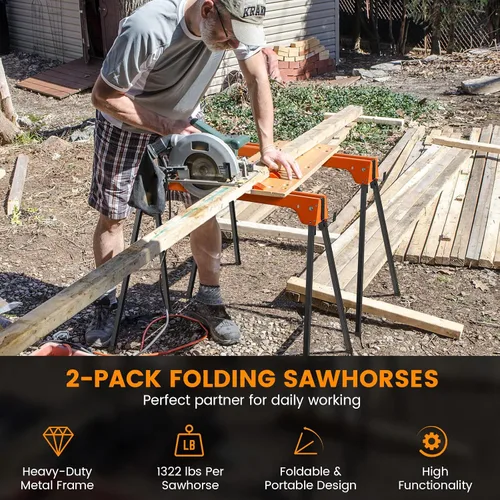 Miniatura 8 de S AFSTAR Saw Horses - Juego de 2 mesas de trabajo plegables, ligeras y portátiles, paquete doble con mango práctico, cada uno soporta hasta 1322