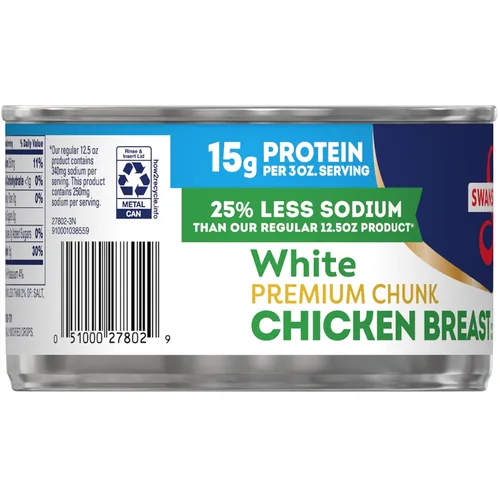 Miniatura 9 de Swanson 25% menos sodio, pechuga de pollo premium en agua enlatada en trozos blancos, lata de 12.5 OZ