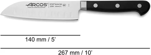Miniatura 2 de Arcos Cuchillo Santoku de acero inoxidable de 5 pulgadas. Cuchillo japonés afilado para pescado, carne y verduras. Mango ergonómico