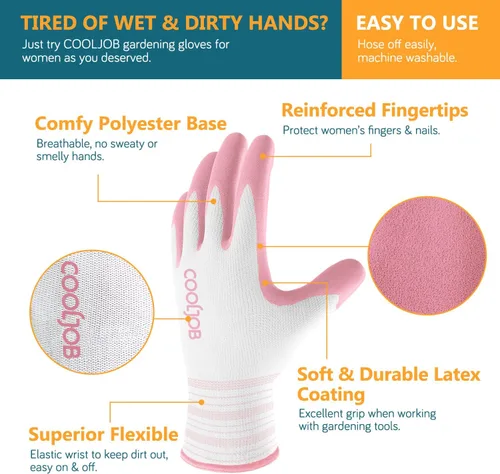 Miniatura 2 de COOLJOB - Guantes de jardinería para mujer, guantes de jardín transpirables y con recubrimiento de goma, guantes de trabajo protectores
