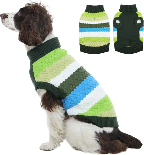 Miniatura 12 de Kuoser Suéter grande para perro, suéteres de punto de cuello alto para perros grandes, rayas coloridas, chaleco de punto para mascotas, ropa cálida