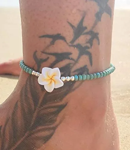 Miniatura 2 de Boho Beaded Anklet for Women and Teen Girls, Unique Bohemian Turquoise and Sterling Silver Beaded Anklet with Hawaii Hawaiian Plumeria Flower