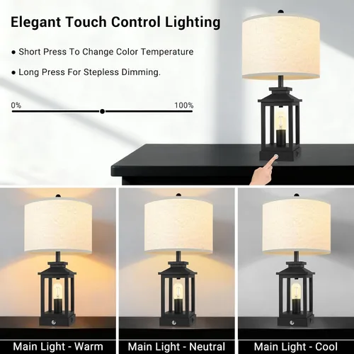 Miniatura 2 de Lámpara de mesa estilo granja para dormitorio, lámpara táctil negra con puertos USB-C y USB-A, lámparas de noche retro regulables de 3 vías