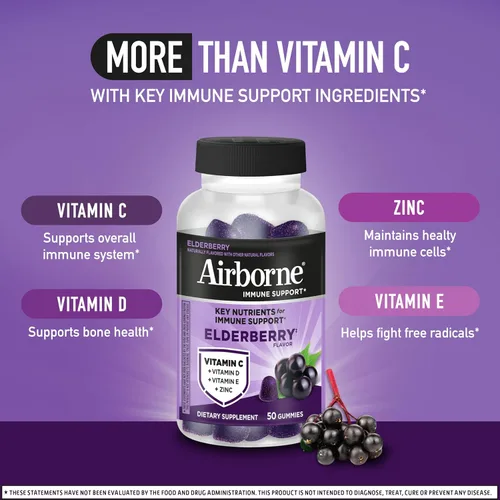 Miniatura 3 de Airborne - Gomitas de saúco + zinc y vitamina C para adultos, suplemento para fortalecer el sistema inmunológico con vitaminas D y zinc
