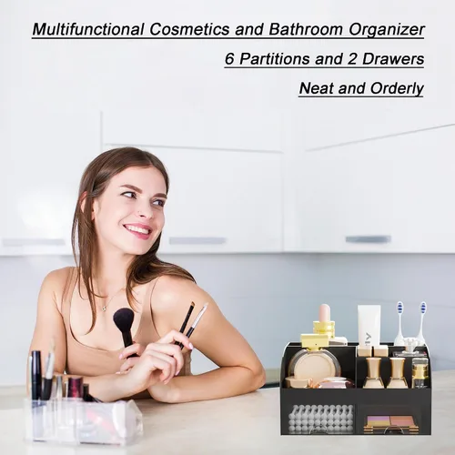 Miniatura 3 de Organizador de maquillaje con 2 cajones, almacenamiento de cosméticos para tocador y encimera de baño, organización de maquillaje y almacenamiento