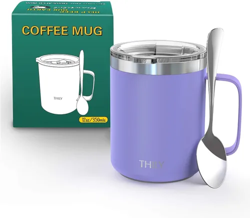 Miniatura 5 de THILY Taza de café aislada de acero inoxidable de 12 onzas, taza de viaje con triple aislamiento con asa y tapa a prueba de derrames, mantiene