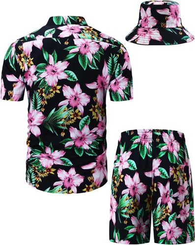Miniatura 42 de TUNEVUSE Conjunto de camisas y pantalones cortos hawaianos para hombre, 2 piezas, trajes de playa con estampado de flores, traje tropical de verano