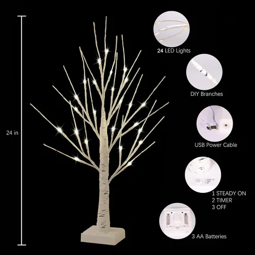 Miniatura 4 de Paquete de 2 árboles iluminados para decoración de interiores con temporizador, 24 LED 2 pies árbol de abedul blanco iluminado lámpara de mesa