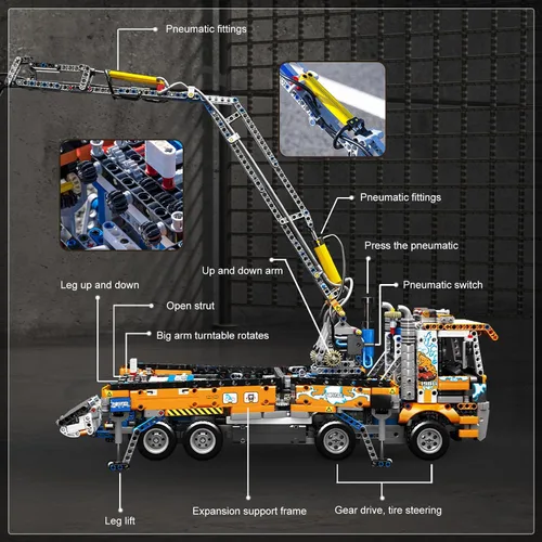 Miniatura 5 de Mould King 19014 Technology - Kit de construcción de camiones con bomba de hormigón neumática, ingeniería multicolor, juguetes de grúa telescópica