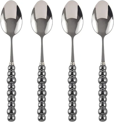 Ouliget Cucharas de acero inoxidable, cuchara de mango de cerámica de acero inoxidable, cuchara de postre coreana con mango de perlas de imitación,