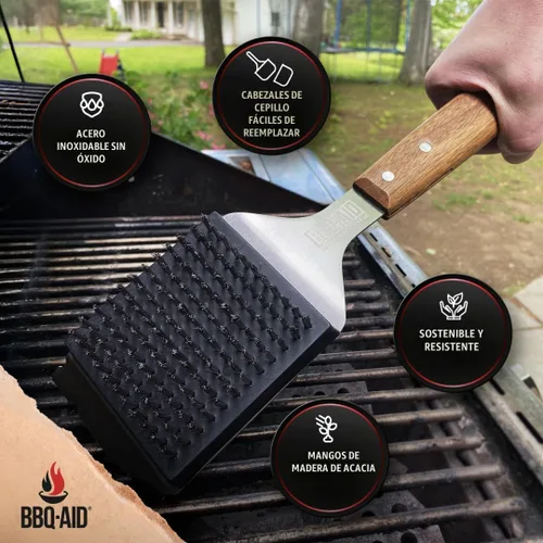 Miniatura 6 de BBQ-Aid Cepillo y raspador para parrilla de barbacoa – Cepillo de parrilla para parrilla al aire libre con mango de madera extendido, grande