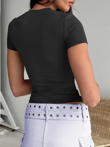 Miniatura 5 de Trendy Queen Camisetas básicas para mujer, cuello redondo, manga corta, lindas camisetas de verano, ajustadas, ropa Y2K