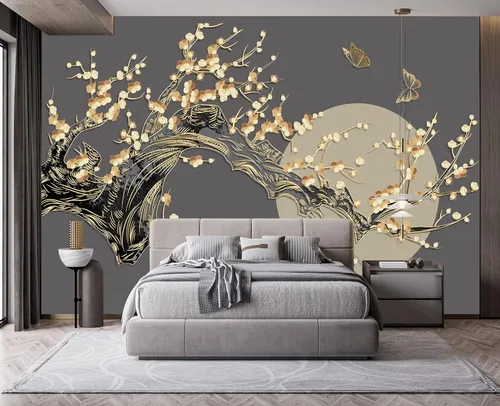 Miniatura 4 de Papel tapiz de pared con diseño de mariposas y luna de ramas doradas, para dormitorio, 178 x 117 pulgadas (no despegar ni pegar)