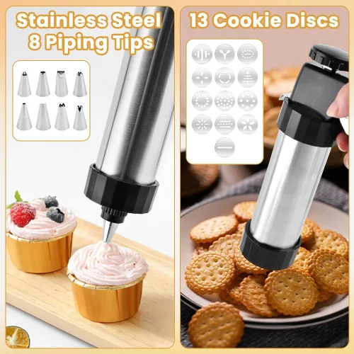 Miniatura 9 de Prensa de galletas de acero inoxidable, kit de pistola de prensa de galletas, fabricante de Spritz con 8 puntas de tubería y 13 discos para hacer