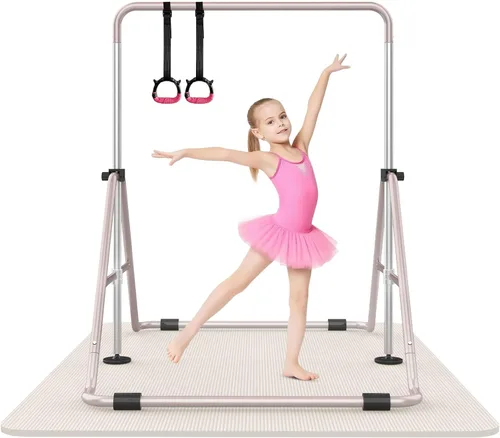 Miniatura 10 de SHIWEI Barra de gimnasia para niños, barra de gimnasia plegable con 5 alturas ajustables, equipo de entrenamiento expandible para interiores