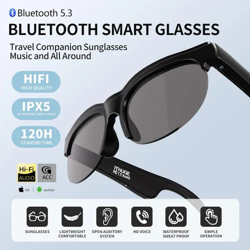 Miniatura 5 de Lentes de sol Bluetooth para hombres y mujeres, lentes inteligentes con llamadas manos libres/música, diseño ligero (1.41 onzas), Bluetooth 5.3, 8