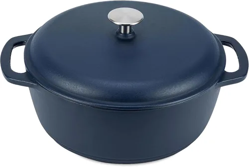 Miniatura 7 de Amazon Basics Olla de horno holandés de hierro fundido con tapa, esmaltada, redonda, doble asa, resistente, pequeña, 4.3 cuartos de galón, azul