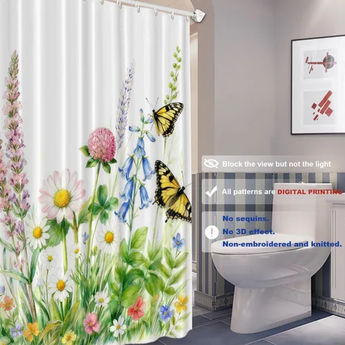 Miniatura 7 de Batmerry Cortina de ducha decorativa botánica con hojas blancas, flores románticas, borde victoriano, libélula y flores silvestres, bonita y ancha