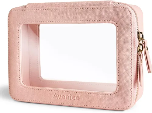 Miniatura 34 de Aveniee Organizador de bolsa de maquillaje transparente, bolsa de aseo de viaje para mujer, bolsa de cosméticos impermeable con cremalleras, Rosa
