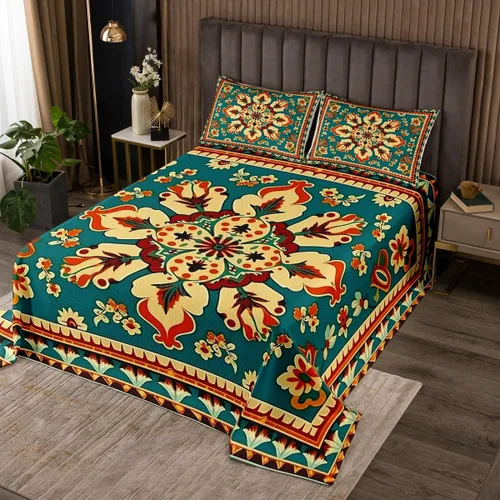 Miniatura 11 de Erosebridal Juego de ropa de cama oriental tamaño King, vintage, juego de colcha Art Deco de terracota, juego de edredón estético hippie