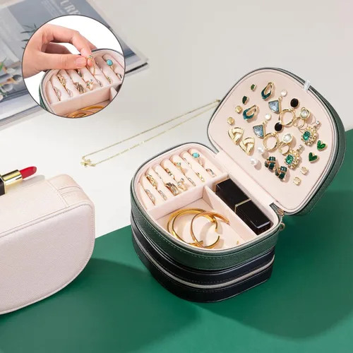 Miniatura 2 de ProCase Joyero de tamaño de viaje, pequeño estuche de joyería portátil en forma de concha, mini organizador de joyas de 2 capas en piel sintética