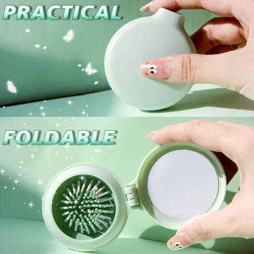 Miniatura 5 de Mini cepillo de pelo con espejo para viajes y bolso, cepillo redondo compacto de tamaño de bolsillo y espejo, combo de regalo para mujeres, verde