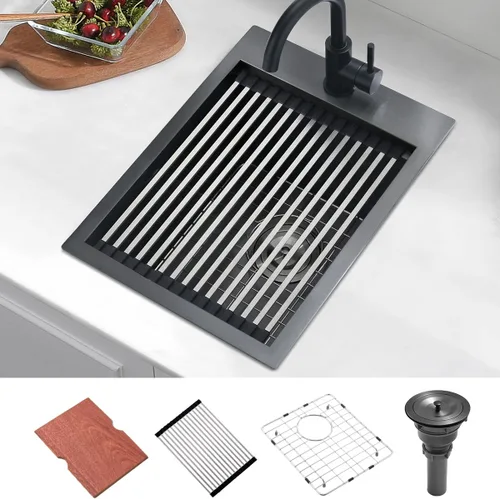 Luckyhorse LH022S1520B - Fregadero de barra de cocina negro con caída de 15 pulgadas, calibre 16, acero inoxidable, color negro