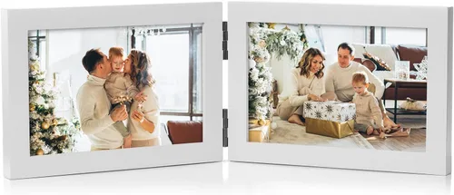 Miniatura 12 de Marco de fotos doble de 4 x 6 pulgadas con bisagras horizontales, marco de fotos plegable en madera de pino negro con vidrio real para mesa