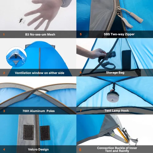 Miniatura 5 de BISINNA Tienda de campaña para 2/4 personas, tienda de campaña ligera para mochileros, impermeable, resistente al viento, dos puertas, fácil Azul