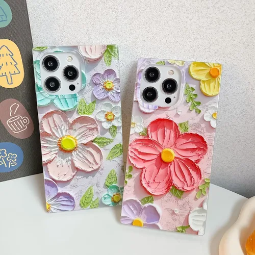Miniatura 3 de Funda compatible con iPhone 13, borde rectangular, bonita funda protectora de lujo con diseño de flores al óleo para mujeres y niñas, funda
