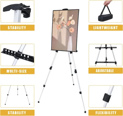 Miniatura 3 de MXG - Caballete de aluminio plateado para pintura, letreros y exhibición, caballete de mesa y piso ajustable de 17 a 61 pulgadas con bolsa