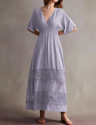 Miniatura 54 de Vestido largo de encaje para mujer de manga corta y cuello en V, vestido de fiesta estilo bohemio con cintura fruncida, vestido bohemio para mujer