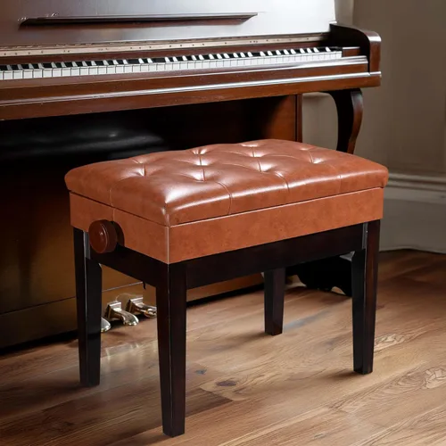 Miniatura 4 de AW Banco de piano ajustable con almacenamiento de madera marrón, taburete para teclado, asiento de cuero, silla Paino para piano, tienda de música