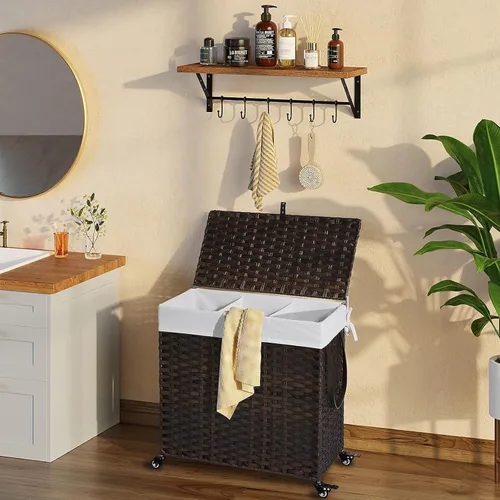 Miniatura 101 de GREENSTELL Cesta para ropa sucia con ruedas y tapa, 130 L, cesta grande de 3 secciones con 2 tipos de bolsas de forro extraíbles, 5 bolsas de malla