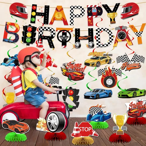 Miniatura 6 de Decoraciones de fiesta de autos de carreras, carteles de feliz cumpleaños, remolinos colgantes con temática de panal de abejas para autos