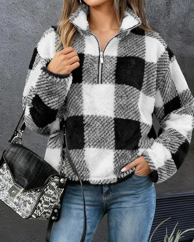 Miniatura 2 de BTFBM - Suéter sin botones de sherpa con capucha para mujer, con 14 de cremallera y manga larga, suave y mullida, de vellón