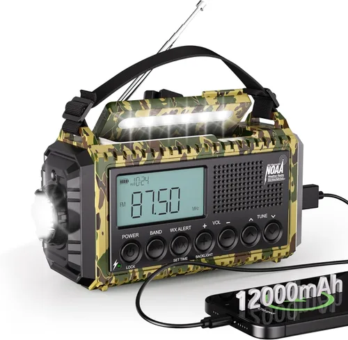 Radio de emergencia 12000, radio meteorológica digital automática portátil AM FM SW NOAA, radio recargable con manivela solar con batería, linterna,