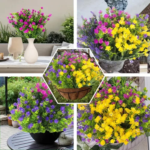 Miniatura 5 de 20 paquetes de flores artificiales para exteriores, resistentes a los rayos UV, no se decoloran, plantas verdes de plástico sintético para jardín