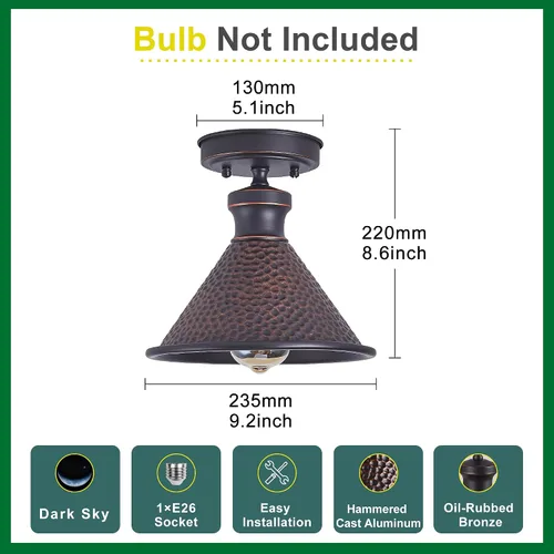 Miniatura 5 de Tarentlight Lámpara de techo industrial semiempotrada de 9.2 pulgadas, pantalla de aluminio fundido con patrón martillado vintage, lámpara clásica 1