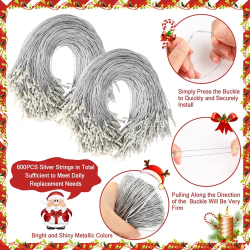 Miniatura 3 de JUNEBRUSHS 600 piezas Ganchos de adorno de Navidad, colgadores de adorno con cuerda de adorno a presión para árbol de Navidad, decoraciones de Plata