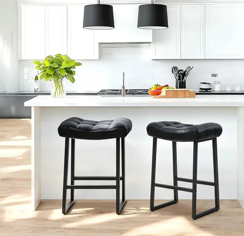 Miniatura 2 de RNKSFX Taburete de bar moderno negro para encimera de cocina sin respaldo de altura de mostrador con asiento tapizado de piel sintética y marco