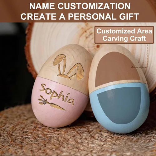 Miniatura 5 de Huevo de Pascua personalizado con nombre grabado, huevo de madera de Pascua personalizado 2026 grabado con texto gratis para niño y niña Azul y rosa