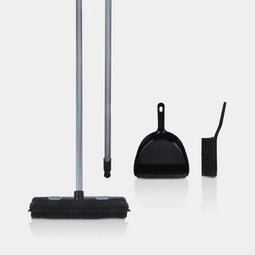 Juego de escoba de cerdas de goma y escoba de goma a presión con escoba portátil de empuje y mango telescópico extensible para eliminación del pelo