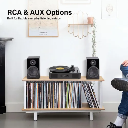 Miniatura 10 de Tocadiscos de vinilo Bluetooth con dos altavoces incorporados, grabación USB, transmisión por correa, 3 velocidades, tocadiscos para discos de Negro