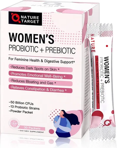 NATURE TARGET Probióticos en polvo probióticos para mujeres, 50 mil millones de UFC, 13 cepas de apoyo para la salud vaginal digestiva, alivio de la