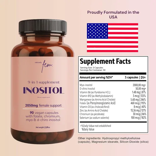 Miniatura 8 de QSTA Suplemento de mio-inositol y D-Chiro inositol para mujeres 2050 mg (proporción 40:1) - Balance hormonal 9 en 1 y apoyo metabólico con folato