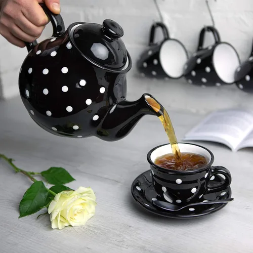 Miniatura 4 de Juego de tetera de cerámica de lunares blancos y negros hechos a mano, tetera grande de 1,7 l/60 onzas, 4-6 tazas, jarra de leche, azucarero, juego