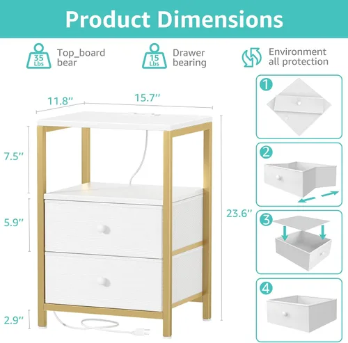 Miniatura 67 de BOLUO Mesita de noche blanca con estación de carga, mesa de noche LED con 2 cajones de tela, mesa auxiliar con puertos USB y tomas de corriente