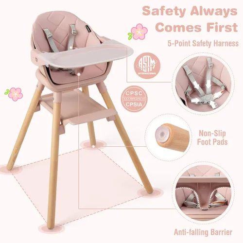 Miniatura 5 de BABY JOY Silla Alta para Bebé, Trona Convertible de Madera 6 en 1 para Bebés y Niños Pequeños con Patas Ajustables, Doble Bandeja Extraíble, Arnés